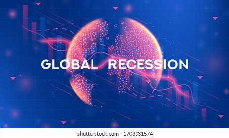 Global recession web banner. Background concept with falling stock charts and financial diagrams. Vector illustration with 3d world globe on blue background.