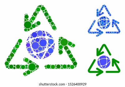 Global recycling composition for global recycling icon of filled circles in different sizes and color tinges. Vector random circles are composed into blue composition.