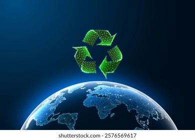 Global recycling concept with glowing green polygonal recycling symbol above digital planet Earth. Environmental sustainability, waste management, and eco-friendly practices. Vector illustration.