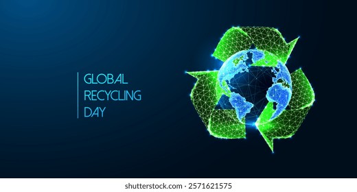 Global Recycling Day concept web banner with glowing Earth inside green recycling symbol on dark blue background. Environmental awareness, and sustainability promotion. Abstract vector illustration.