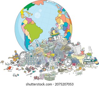 Global recycling day. Earth in a large messy dump of household garbage and waste, vector cartoon illustration isolated on a white background