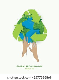 Global recycling day, recycling in environmental sustainability, recycling symbol, bins, plastic, bottles and reducing carbon emissions, protect the environment, reducing waste. earth day. vector.