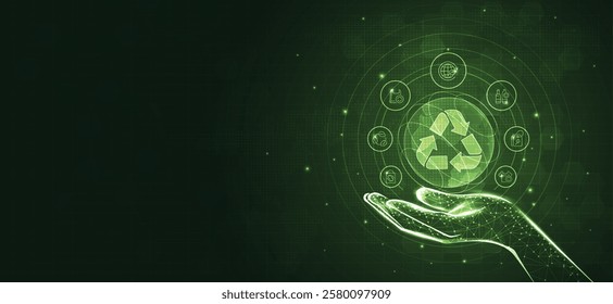 Global recycling day with icons, recycling in environmental sustainability, recycling symbol, bins, plastic bottles and reducing carbon emissions, protect the environment, reducing waste. vector.