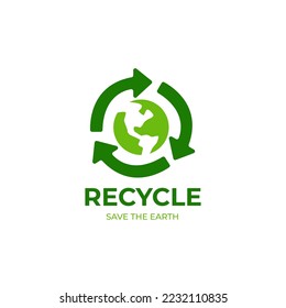 Plantilla del logotipo de reciclaje global. Reciclar plantilla vectorial. Guardar la idea del logo del mundo. Logotipo del Día de la Tierra. Logo de la Tierra Sostenible. Logo de la ecología 