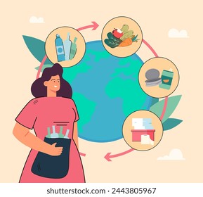 Global recycling loop vector illusttration. Woman sorting garbage. Globe with plastic, paper, organic waste on background. Sutainability, ecology, environment concept