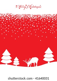 global red and white background with banner, trees and reindeer