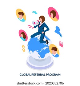 Global referral program concept. Searching and attracting for partners around the world. Isometric vector illustration on white background.