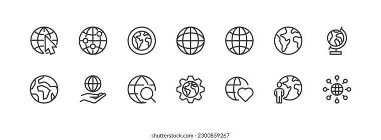 global related premium icon set. Vector elements with editable stroke. Isolated on a white background