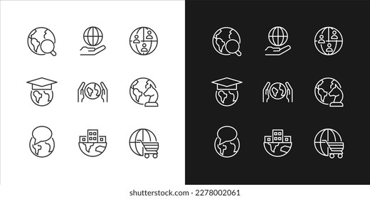 Global relationships pixel perfect linear icons set for dark, light mode. International connections. World development. Thin line symbols for night, day theme. Isolated illustrations. Editable stroke