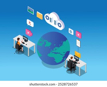 Global Remote Collaboration and Cloud Data Sharing 3d isometric vector illustration