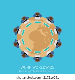 Global remote corporate work concept flat icon round table businessmen teamwork worldwide conference presentation vector web illustration website click infographics elements collection