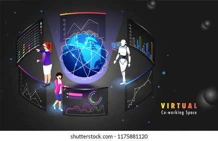 Global remote coworking connection, web template design for Virtual Co-Working Space concept, Business woman analysis data or stats on shiny black abstract background.