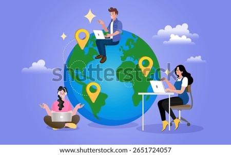 Global remote work and digital nomad concept. A distributed international team of people working on laptops from different locations around the world. Vector for connection and online collaboration.