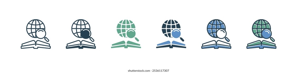 global research book and globe magnifier icon set study literature education geography discovery learning library signs vector illustration