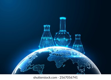 Global research concept with glowing chemical flasks above Earth on dark blue background. Innovation, science, laboratory technology, and scientific discovery. Futuristic style vector illustration