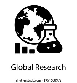 Icono de investigación global, gráfico de barras con vector de glifo de frasco 