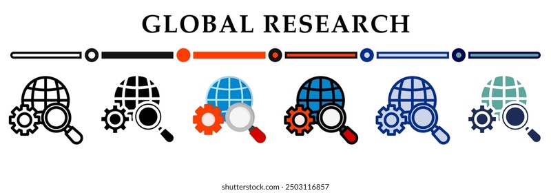 Global research icon collection. 6 Various style icons. For sign, symbol, element, presentation, infographic or web graphics. Vector Illustration.