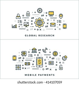 Global Research and Mobile Payments. Vector Flat Thin Line Illustration for Website Banner or Header. Flat Line Icons and Geometric Design Elements