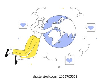 Global responsibility line concept. Woman near planet. Popular social media personality, blogger. International communication and interaction, globalization. Linear flat vector illustration