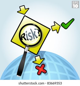 Global right or wrong choices, includes a magnifying glass emphasizing risk and yes or no options
