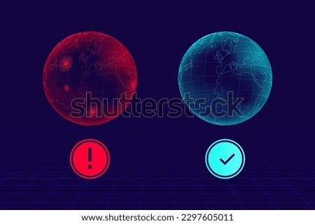 Global Risk Alert Vector Image Illustration of a futuristic globe with biohazard symbol and warning sign, representing awareness and caution towards infectious diseases, pollution, war, environment
