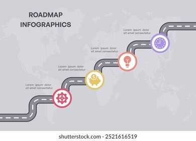 Roteiro global com quatro etapas principais no caminho curvo, ilustração vetorial