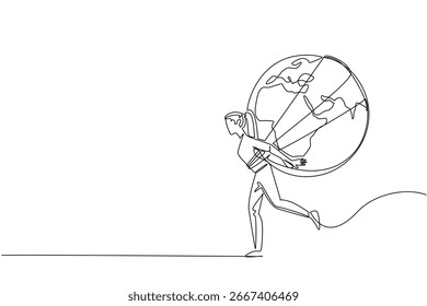 O desenho de linha contínua do Dia da Corrida Global mostra a Terra com braços e pernas correndo, simbolizando um planeta saudável, conceito de esporte e o espírito mundial de movimento.