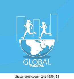 Global Running Day event banner. Illustration of runners on the earth with buildings on light blue background to celebrate on June