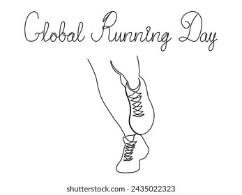 Día Mundial de Running. pies de running en zapatillas deportivas, dibujo de una sola línea continuo dibujo a mano boceto