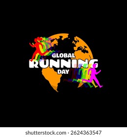 Global Running Day first Wednesday in June. Bold text with illustration of runners and earth on black background. Sport event banner.