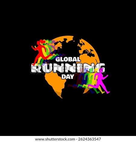 Global Running Day first Wednesday in June. Bold text with illustration of runners and earth on black background. Sport event banner.