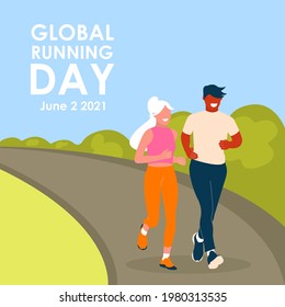 Global Running Day. Happy couple running in the park. Active and healthy lifestyle. Vector illustration in flat style with lettering for poster, banner, greeting card.