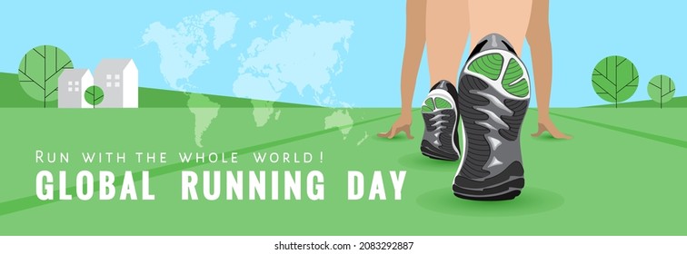 Global running day horizontal  banner with athlete starting to run outdoor in the park or fields. CloseUp foots, sportive shoes, sneakers soles on green grass at summer landscape. Vector illustration