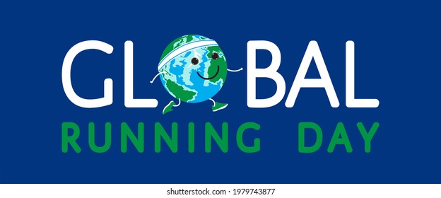 Global running Day in June vector banner, poster, template with the cartoon Earth planet jogging in sport shoes at navy blue background. Healthy lifestyle symbol for t-shirt, flyer, event invitation