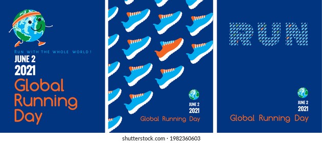 Global running day on 2 of June, 2021, posters set. Healthy lifestyle, vector concept. Letters RUN, bright colors sport shoes geometric pattern, cartoon planet Earth runs, text at navy blue background