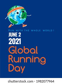 Global running Day on June, 2 2021 vector banner, poster, template with the cartoon Earth planet jogging in sport shoes at navy blue background. Healthy lifestyle symbol for t-shirt, flyer, invitation