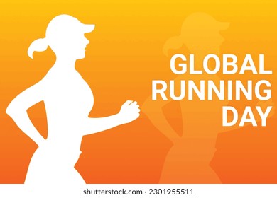 Global Running Day vector illustration with silhouette of running woman on orange background.