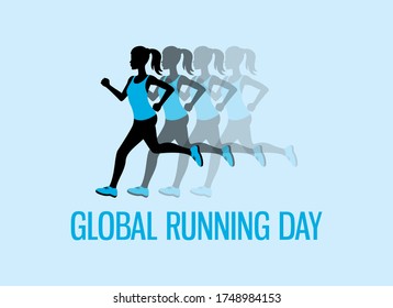 Global Running Day vector. Running woman silhouette icon vector. Running woman in blue clothes vector. Woman in blue running shoes vector. Important day