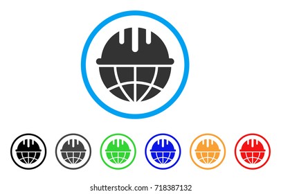 Global Safety Helmet rounded icon. Style is a flat global safety helmet grey symbol inside light blue circle with black, gray, green, blue, red, orange versions.