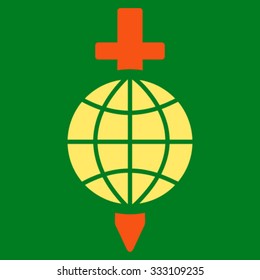 Global Safety vector icon. Style is bicolor flat symbol, orange and yellow colors, rounded angles, green background.