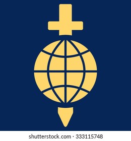 Global Safety vector icon. Style is flat symbol, yellow color, rounded angles, blue background.