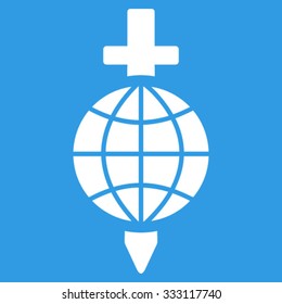 Global Safety vector icon. Style is flat symbol, white color, rounded angles, blue background.