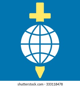Global Safety vector icon. Style is bicolor flat symbol, yellow and white colors, rounded angles, blue background.