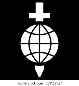 Global Safety vector icon. Style is flat symbol, white color, rounded angles, black background.
