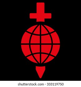 Global Safety vector icon. Style is flat symbol, red color, rounded angles, black background.