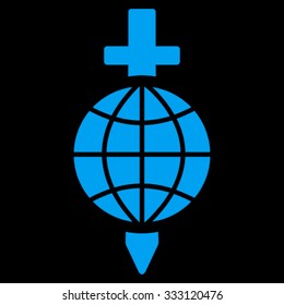 Global Safety vector icon. Style is flat symbol, blue color, rounded angles, black background.