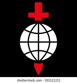 Global Safety vector icon. Style is bicolor flat symbol, red and white colors, rounded angles, black background.