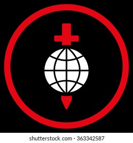 Global Safety vector icon. Style is bicolor flat circled symbol, red and white colors, rounded angles, black background.