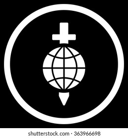 Global Safety vector icon. Style is flat circled symbol, white color, rounded angles, black background.