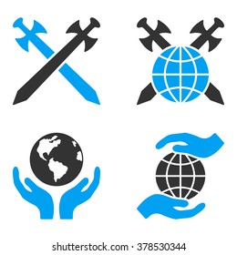 Global Safety vector icons. Style is flat bicolored symbols painted with blue and gray colors on a white background, angles are rounded.